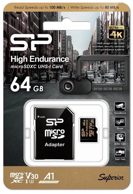Hukommelseskort microSDXC High Endurance 64GB V30 UHS-1 U3 A1 24/7 + microSD-SD ADAPTER