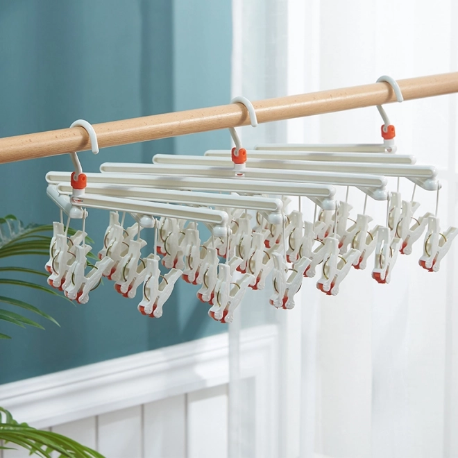 Plastisk foldbar tøjklemme med klips - 19 klips - hvid