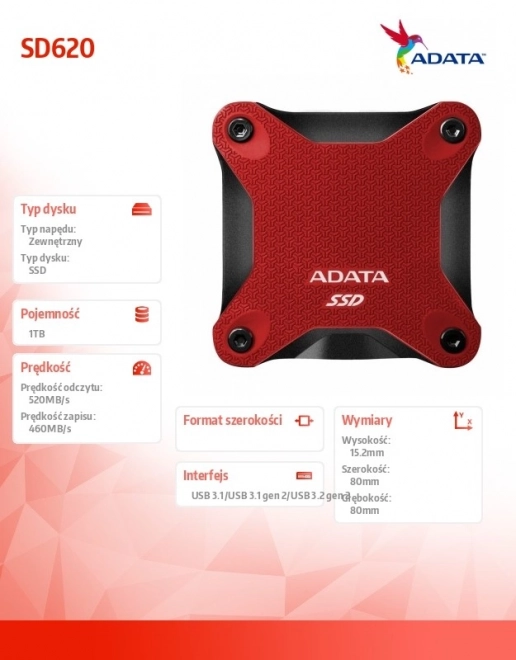 Ekstern SSD-disk ADATA SD620 1TB rød