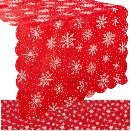 Juleløber til bord rød med hvide snefnug 150 x 35 cm