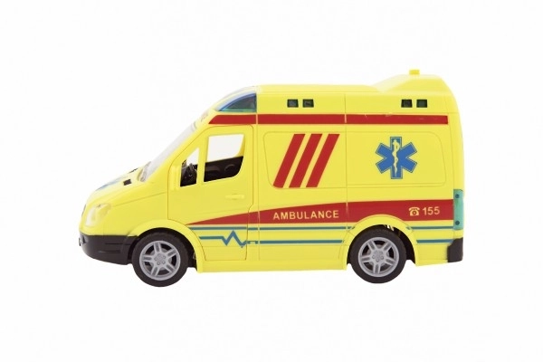 Auto ambulance plast 20cm med inertimotor på batterier med lyd og lys i en boks 26x15x12cm