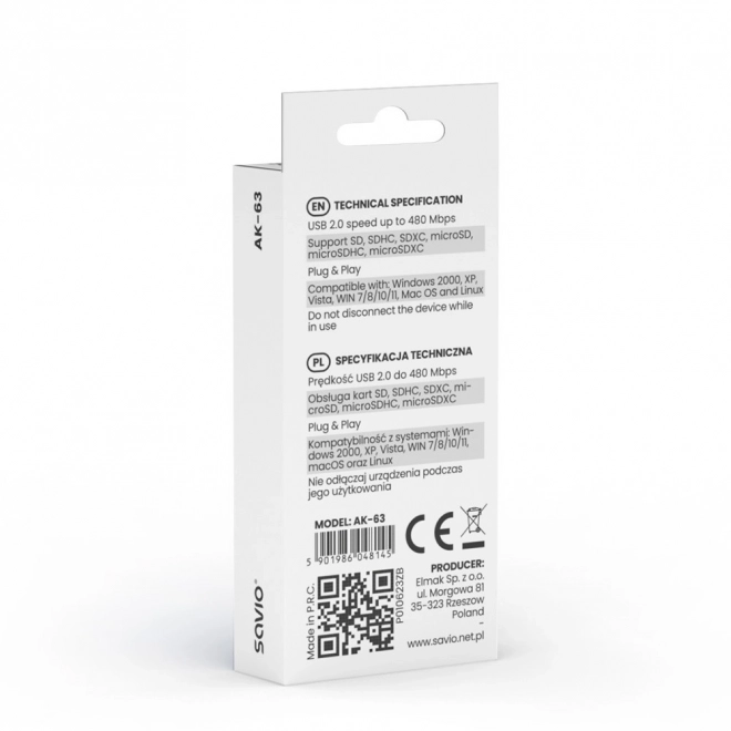 SD-kortlæser, USB 2.0, 480 Mb/s, AK-63