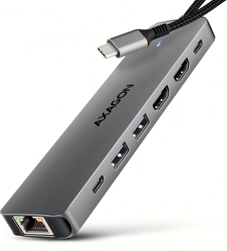 AXAGON HMC-7HX2 multiport USB‑C hub 7‑i‑1 med 2× HDMI 4K/60 Hz, 2× USB‑A, USB‑C, GLAN og PD 100 W