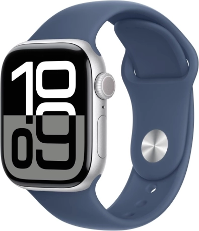 Watch Series 10 GPS, 42 mm aluminiumsur i sølv med denim-sportsrem i størrelse S/M