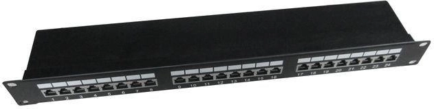 Patchpanel 24 porte 1U 19" Cat.5e med kabelorganisering, sort