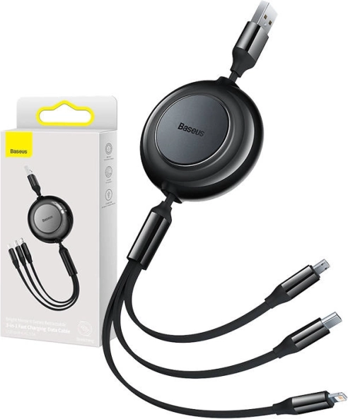Oprulbar 3-i-1 opladnings- og datakabel Baseus Bright Mirror II, USB-A til Lightning/USB-C/micro USB, 3,5 A, 1,1 m, sort