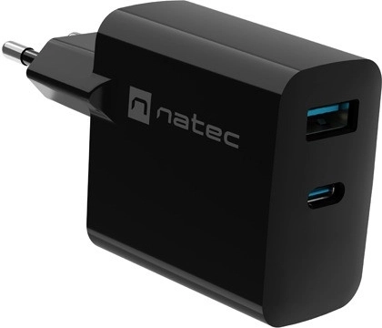 Natec Ribera GaN vægoplader 1x USB-A + 1x USB-C 45W sort