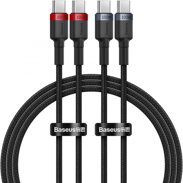 baseus cafule usb-c til usb-c kabel 100w, 1 m, sæt med 2 stk (rød-sort og grå-sort)