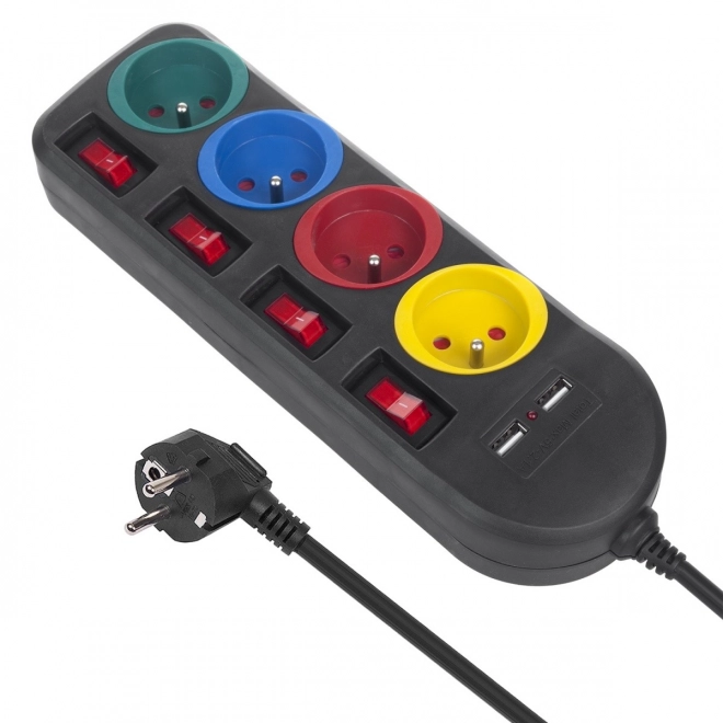 Strømskinne med afbrydere 4 stik + 2xUSB forlængerledning MCE229B sort