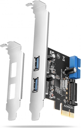 PCIe-controller AXAGON med 2× USB-A og 2× interne USB 5 Gbps, UASP, lav profil, SATA-strøm