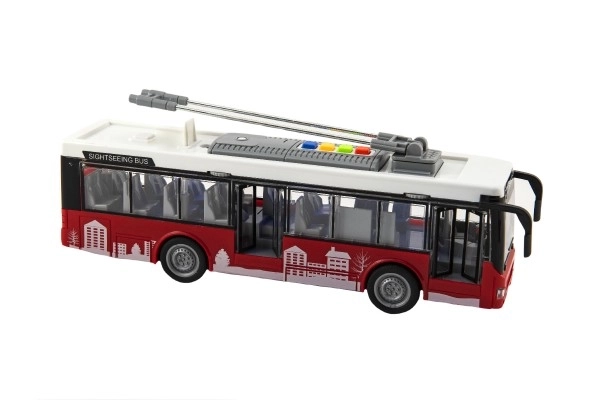 Bus/trolleybus plast 28cm med friktion på batteri med lys og lyd i kasse 32x17x11cm