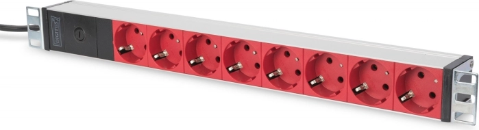 19″ rack-strømskinne DIGITUS, 8× røde Schuko-udtag, C14-indgang, 2 m kabel, 10 A, aluminium