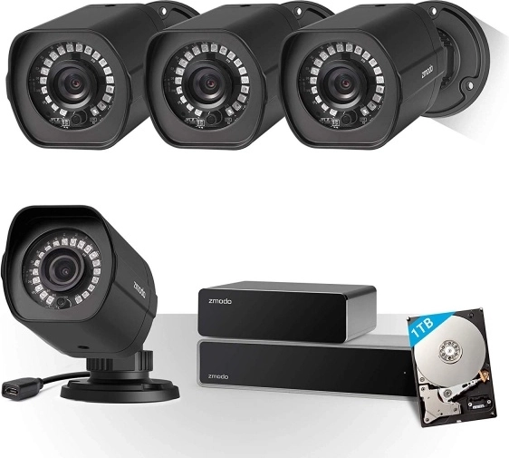zmodo kamerasæt 4× 1080p med nvr og 1 tb harddisk