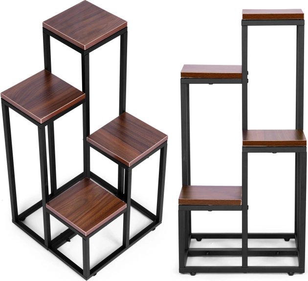 Planteholder med hylder ModernHome 4 niveauer metal og MDF mørk valnød
