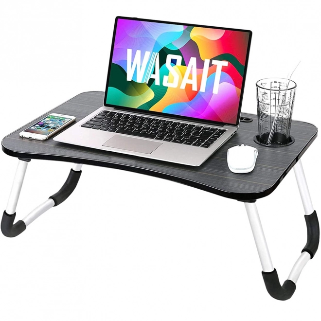 Sammenklappeligt sengebord til laptop med holder til kop og tablet, sort