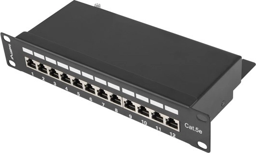 Patchpanel 12 porte 1U 10" kat. 5e, skærmet, sort