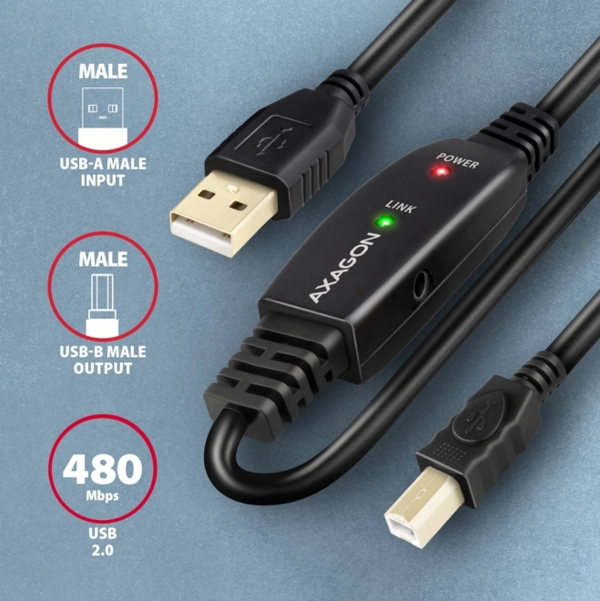 ADR-215B USB 2.0 A-M -> B-M aktivt forbindelseskabel/forstærker 15 m