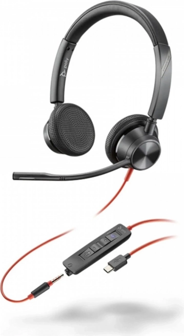 Poly Blackwire 3325 MS headset med USB‑C, USB‑A adapter og 3,5 mm stik