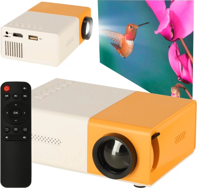 Mini-projektor med LED og TFT LCD, 24–60 tommer, HDMI/USB, 1080p-understøttelse – hvid‑orange