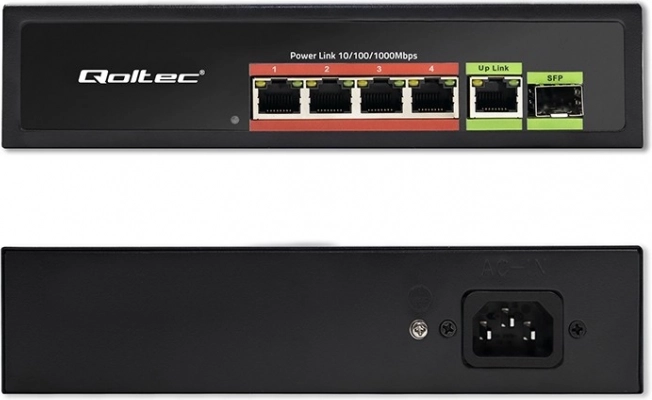 Switch Fast Ethernet PoE med 4x RJ45 PoE, 1x RJ45 Uplink og 1x SFP