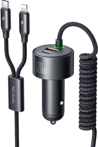 Macdodo 120W biloplader med USB‑C og Lightning, indskydelige kabler