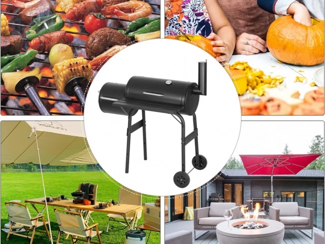 Havegrill til trækul med rygeovn og hjul