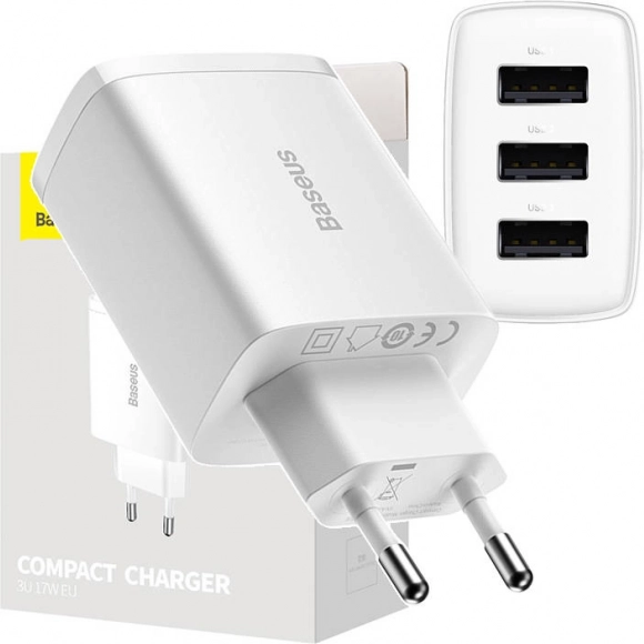 BASEUS vægoplader 17 W, 3× USB, hvid