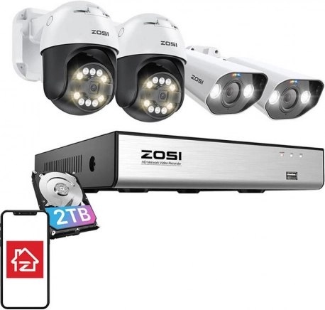 Sæt med IP‑kameraer ZOSI 2× C296 Wi‑Fi 5MP og 2× C182 Wi‑Fi 8MP med NVR 8 kanaler og 2TB HDD