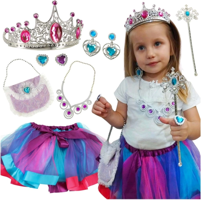 Børnekostume prinsesse med krone, tryllestav og håndtaske – 9-delt sæt