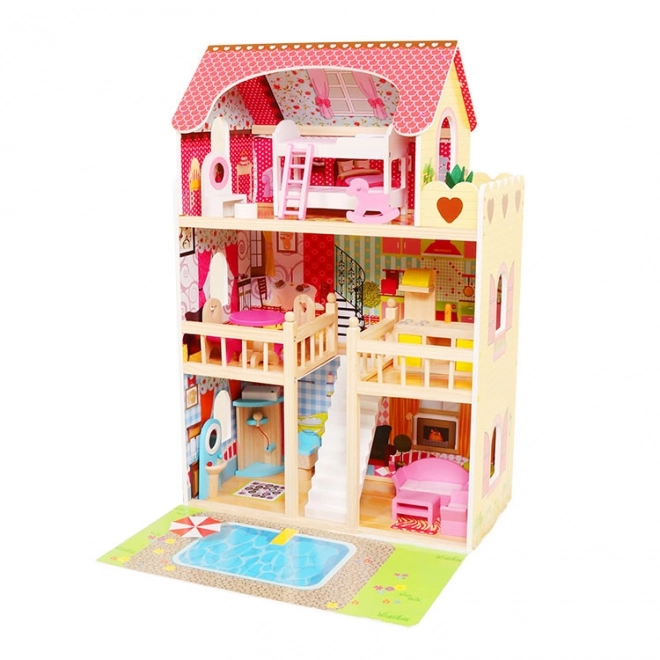 Trædukkehus, møbler, pool + belysning ECOTOYS