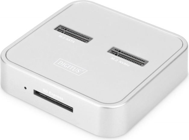 Stationær dokningsstation til SSD M.2 NVMe og M.2 SATA med SD Express-kortlæser, USB‑C, sølv