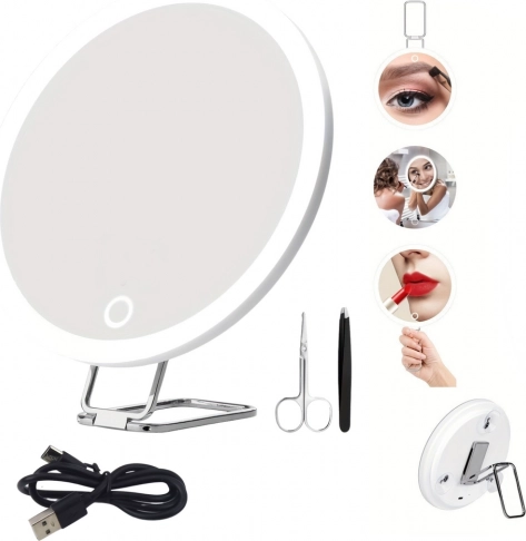 Forstørrende makeup-spejl 30× med LED-belysning og tilbehør