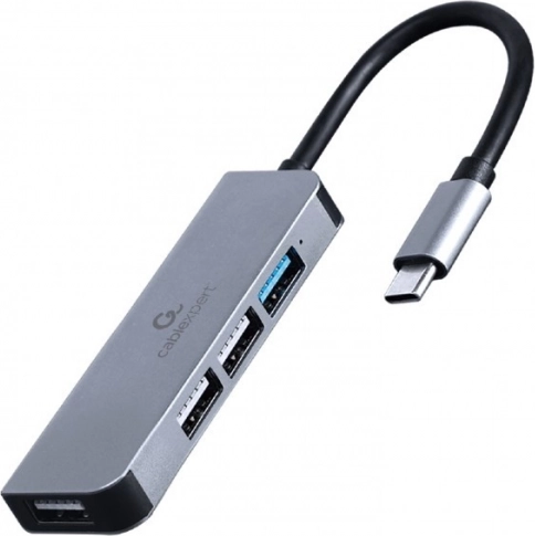 USB‑C hub med 4 porte, 3× USB 2.0 og 1× USB 3.1, i aluminium