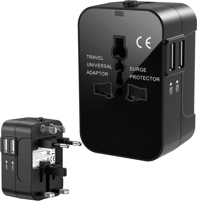 Universal rejseadapter til stikkontakt med 2× USB (UK/USA/EU/AUS)