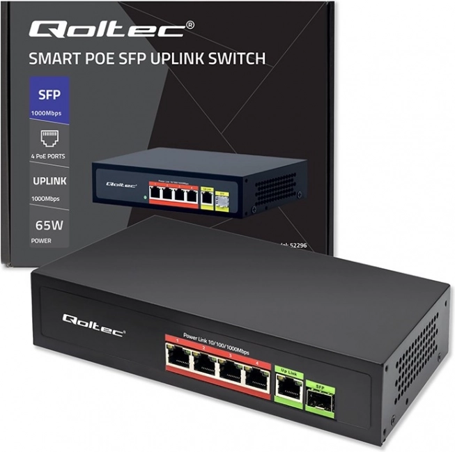 Switch Fast Ethernet PoE med 4x RJ45 PoE, 1x RJ45 Uplink og 1x SFP