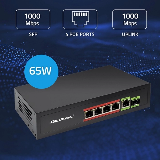 Switch Fast Ethernet PoE med 4x RJ45 PoE, 1x RJ45 Uplink og 1x SFP