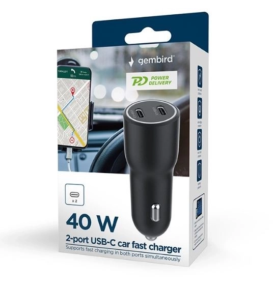 Biloplader med 2x USB-C PD 40W sort
