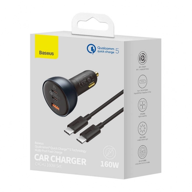 Biloplader Baseus Qualcomm, USB, 2x USB-C, 160 W (grå)