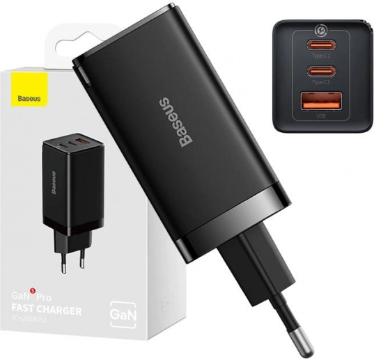 Vægoplader Baseus GaN5 Pro 65 W, 2× USB‑C + USB (sort)