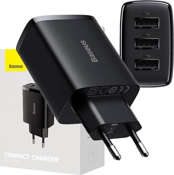 BASEUS 17 W væg-hurtigoplader, 3× USB, sort