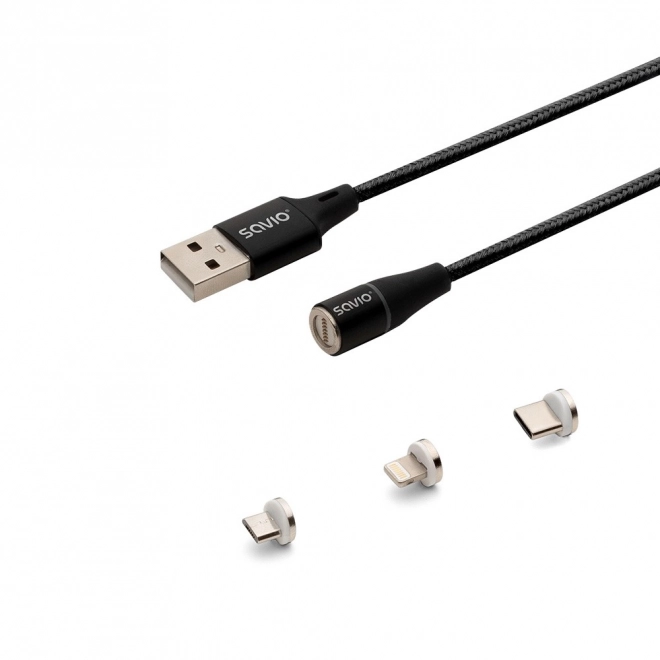 Magnetisk USB-kabel Savio 3i1 type C, Micro og Lightning, sort, 1m
