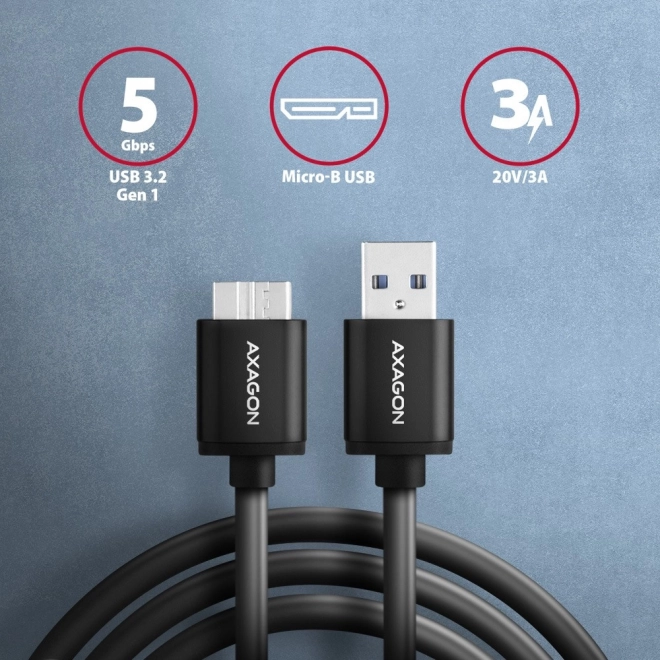 Kabel AXAGON Micro-B USB til USB-A 3.2 Gen 1, 1m, 3A, ALU, PVC, sort
