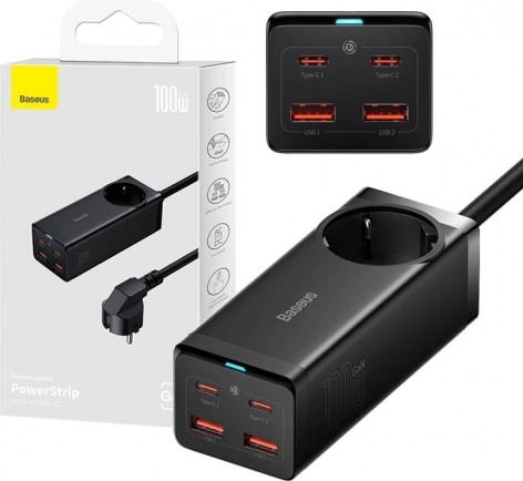 Baseus GaN3 Pro strømskinne og oplader 100 W, 2× USB‑C + 2× USB + AC (sort)