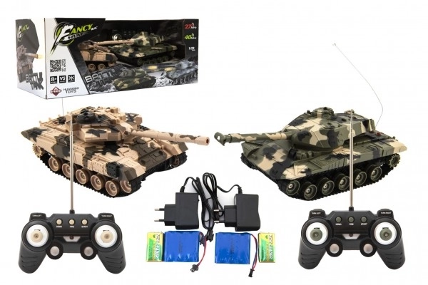 Tank RC 2stk 25cm tankkamp+opl. pakke 27MHZ og 40MHz camouflage med lyd og lys i æske 50x20x23cm