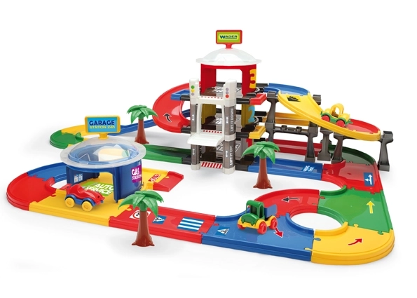 Mega garage 3 etager plast 7,4m + 3 biler i æske 79x53x14cm Wader