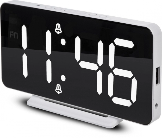 digitalt vækkeur med termometer og spejlvendt LED-skærm hvid