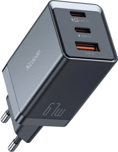 GaN vægoplader Mcdodo 67 W, 2× USB‑C og 1× USB‑A (sort)