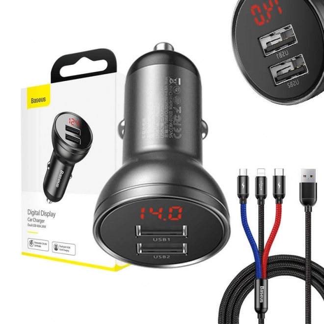 Baseus Biloplader med Skærm og USB 3i1 Kabel 24W