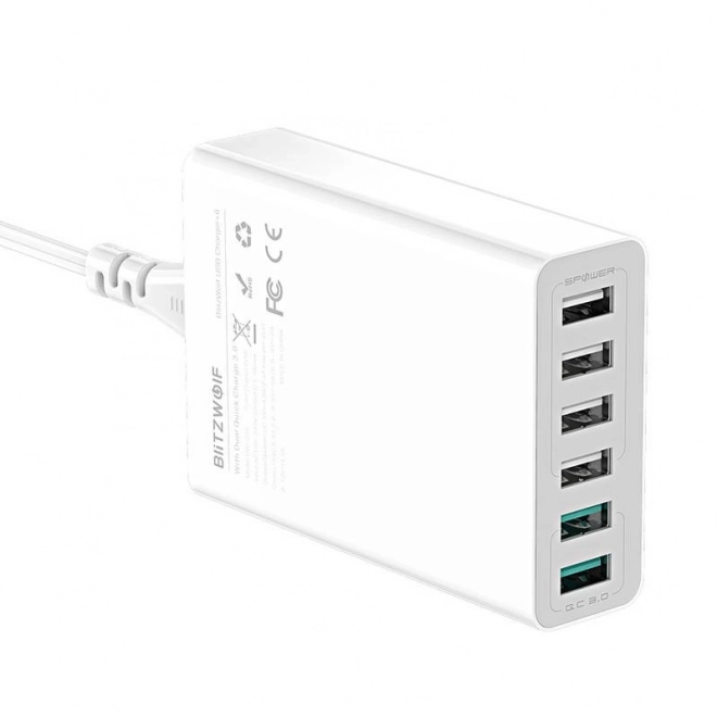 USB-oplader 6 porte BlitzWolf QC 3.0, 60W hvid