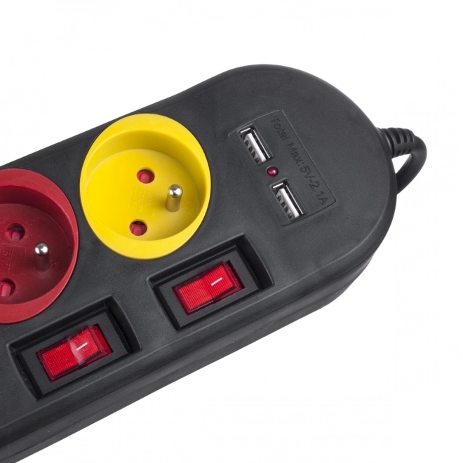 Strømskinne med afbrydere 4 stik + 2xUSB forlængerledning MCE229B sort